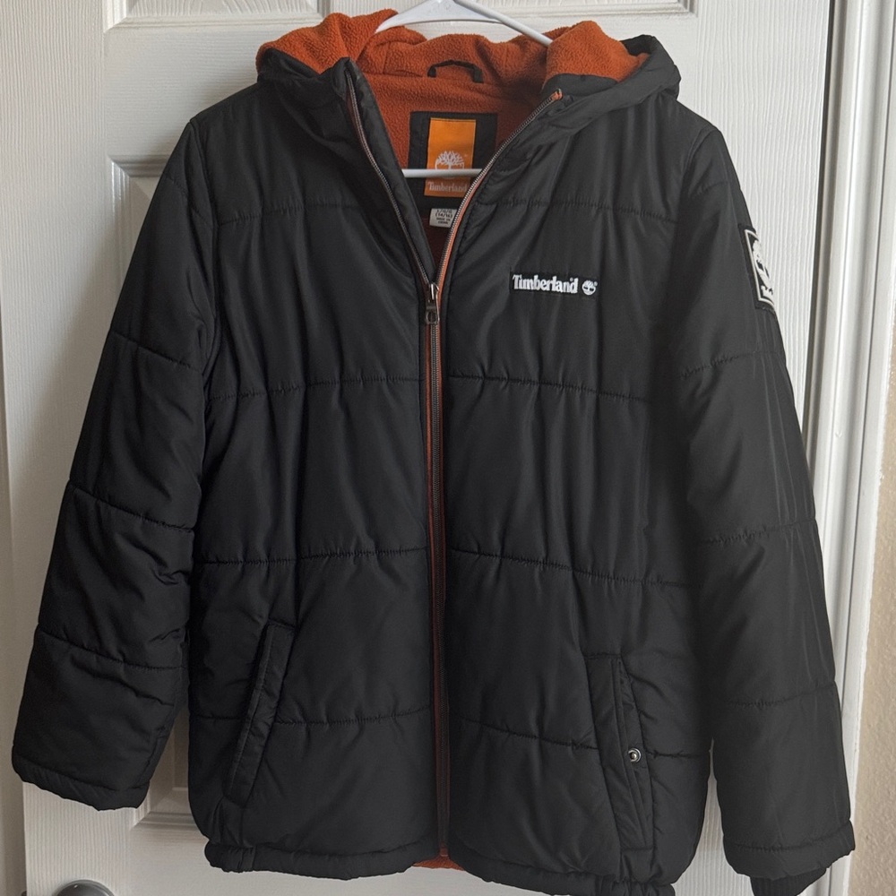Timberland Kids Black Puffer Jacket with Orange Lining
